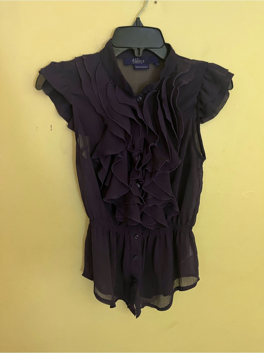 Miley Cyrus & Max Azria Women's Dark Purple Ruffle Front Blouse